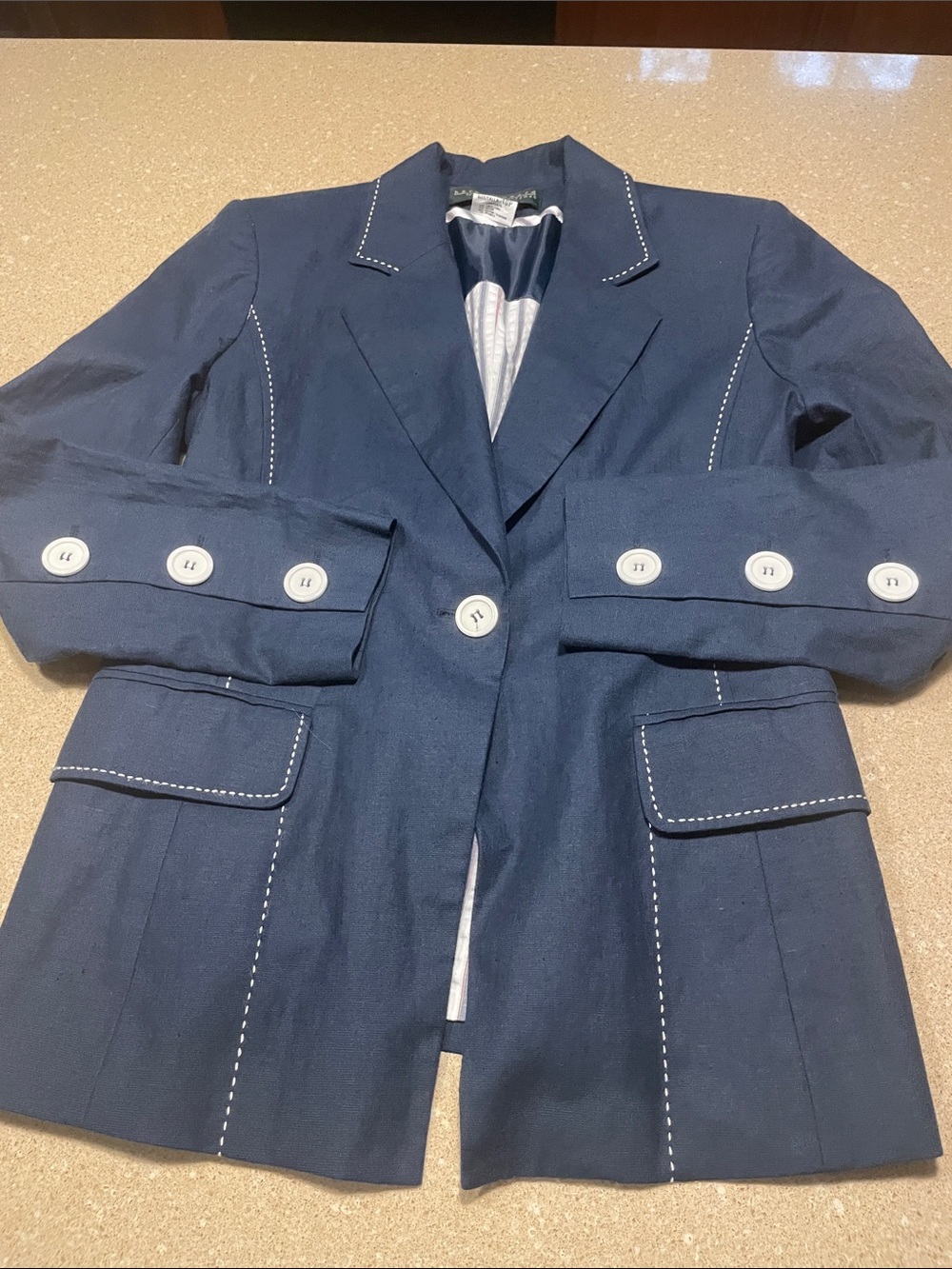 Harve Benard Navy Blazer with White Stitch Detailing